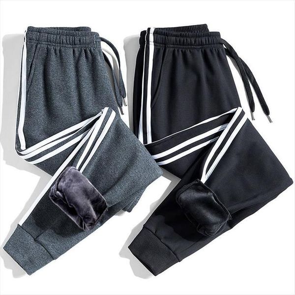 

thick fleece jogger cotton women pant trousers male winter warm velvet sweatpants tracksuit side striped joggers s 5xl, Black