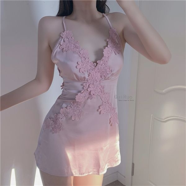 

vintage nightgowns sleepwear silk satin deep v cross strap backless temptation solid color embroidery strap nightdress, Black;white