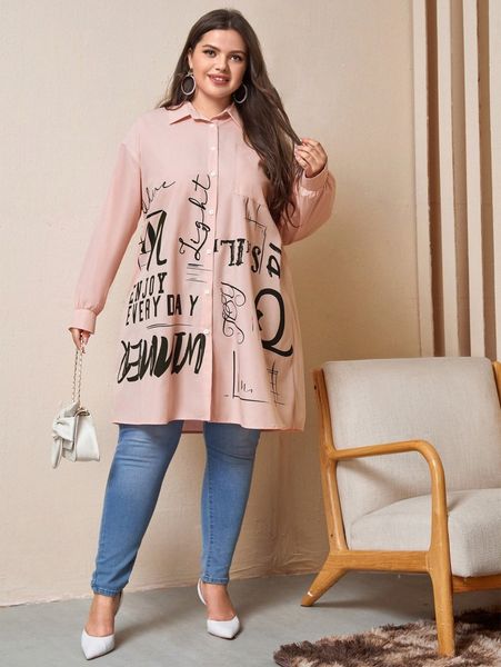

plus letter graphic drop shoulder patched pocket blouse r3qk#, Black
