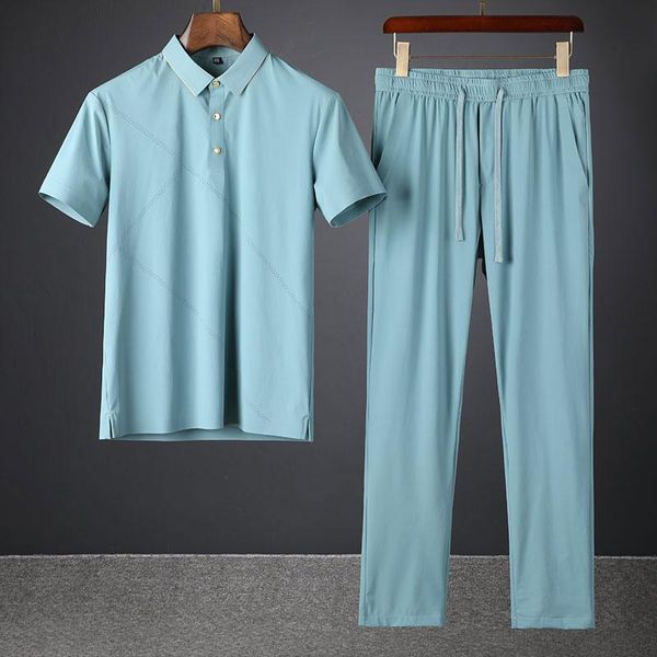 

men's tracksuits 2021 summer high end hollowed out technology pressure rubber lapel two piece set light luxury ice silk leisure sports, Gray