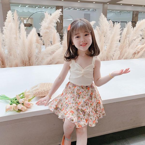 

girls summer clothes set kids baby sleeveless sling vest +floral skirt 2pcs suits 2021 children casual outfits clothing sets, White