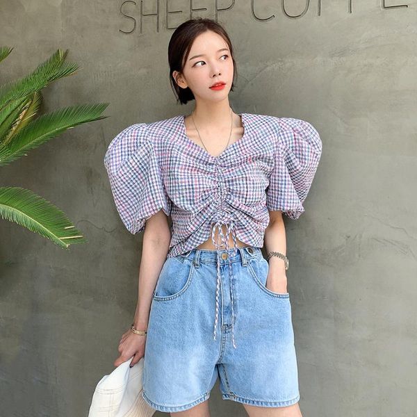 

women's blouses & shirts chic fashionable ins korean style plaid sweet girl night club party puff sleevs loose fitted summer, White