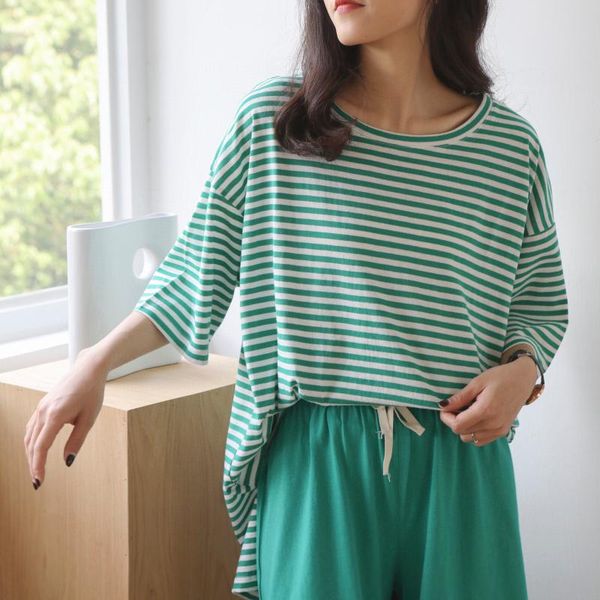 

summer women plus size 2 piece homewear sets short sleeve striped cotton t shirt drawstring loose casual shorts suits women's tracksuit, Gray