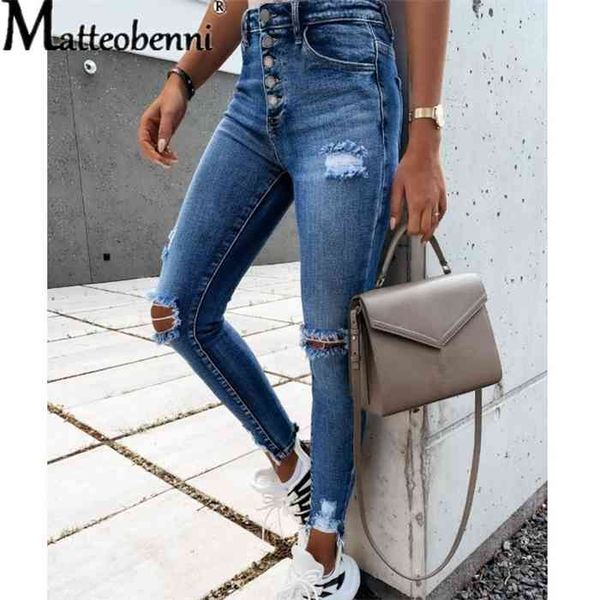 

2021 spring autumn new high street elasticity skinny jeans women fashion hole casual vintage push up slim denim pants femme, Blue