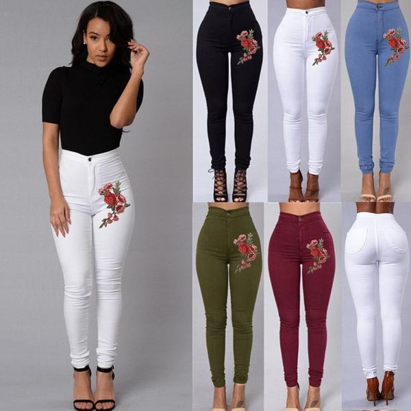 

fashion women high waist emboridered skinny stretch pencil long slim casual leggings jeans women's, Blue