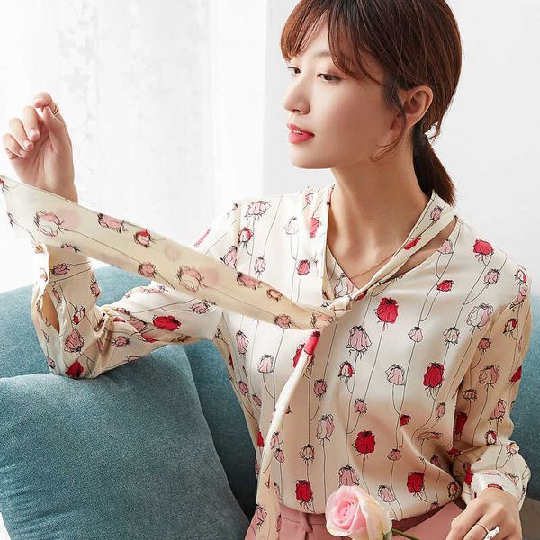

women's blouses & shirts pink silk bud printed shir type of upper long female sleeves x1dj, White