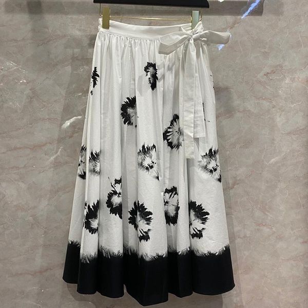 

skirts elegant long print skirt women spring autumn high-waisted fashion female pleated, Black