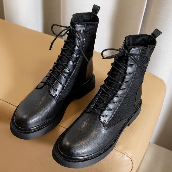 

women's genuine leather stretch knit patchwork lace-up autumn ankle boots round toe spring casual short shoes, Black