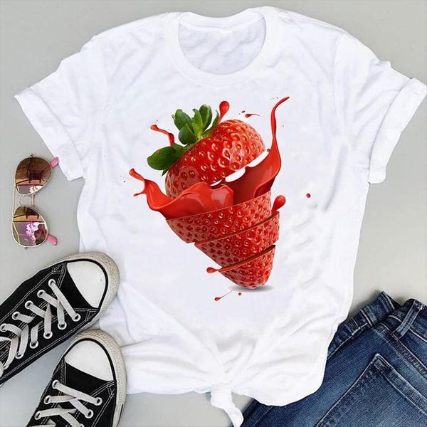 

cartoon strawberry cute beach holiday womens short sleeve graphic summer fashion print female clothes tees t shirt, White