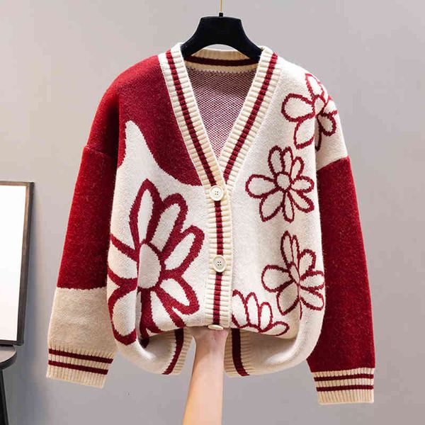 

women's sweaters azyt autumn v neck knitted korean female cardigan loose chic shirt print female jacket casual long sleeve pull femme q, White;black