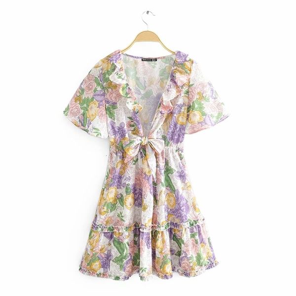 

women's t-shirt streetwear women floral print dress 2021 fashion ladies v-neck bow female chic flare sleeve ruffles mini es r, White