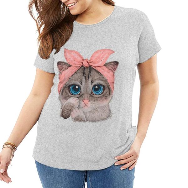 

women's t-shirt grey breathable cotton t shirts women plus size cute cat design oversized t-shirts for big lady summer workout tee 6xl, White