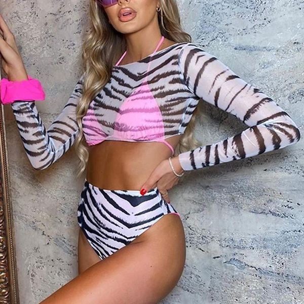 

leopard bikinis 2021 long sleeve mesh swimwear women swimsuit 3 pieces bikini set high waist bathing suit female biquini women's, White;black