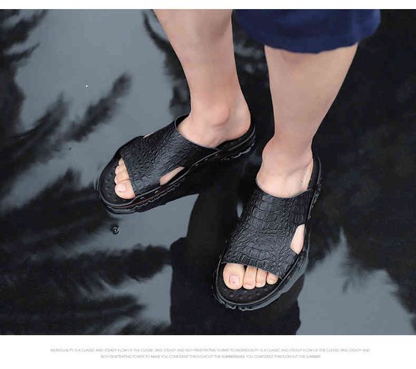 

slippers 2021 summer men quality genuine leather indoor home couples casual sandals fashion beach flip flops man x6wj, Black