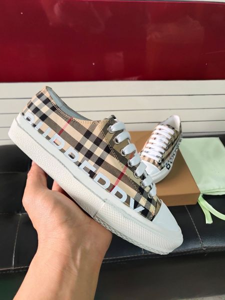 

2021 vintage shoes luxury designer logo print check cotton sneakers men women casual canvas shoes, Black