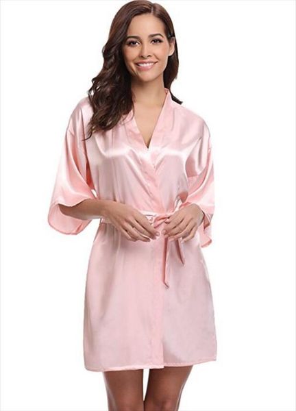 

rb032 silk kimono robe women sleepwear bathrobe bridesmaid robes navy blue satin ladies dressing gowns, Black;red