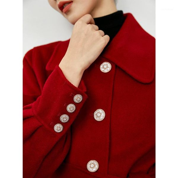 

women's wool & blends year's red 2021 double-sided cashmere coat autumn and winter knee long, Black