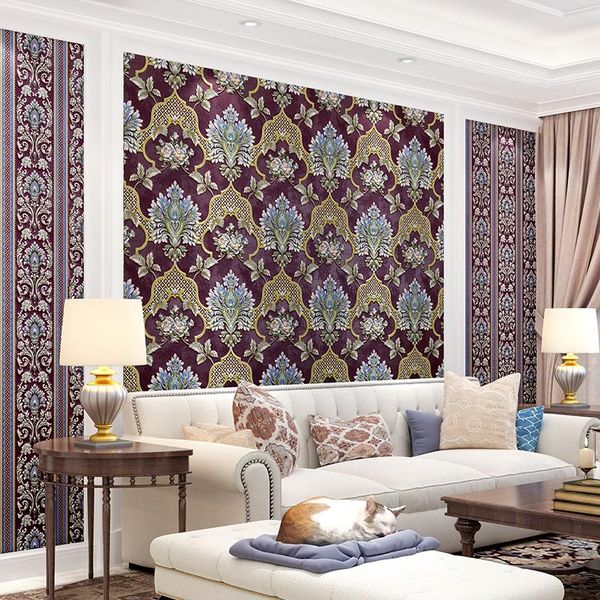 

wallpapers tv back 3d european damascus wallpaper waterproof pvc scrub warm striped flower bedroom living room engineering