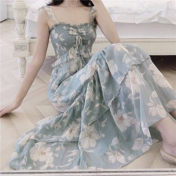 

dresses summer spaghetti strap chiffon women sleeveless vintage french style a-line long dress korea chic loose thin clothing, Black;gray