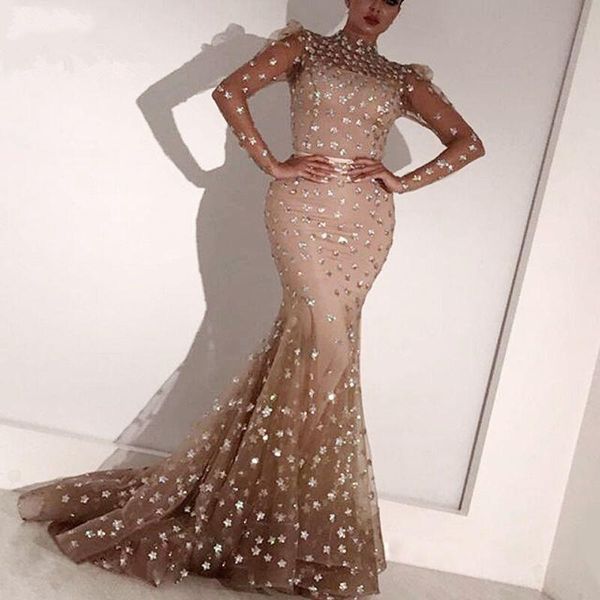 

casual dresses elegant champagne mermaid prom gowns 3d floral pretty abiye gown long sleeves sheer neck vestido de festa robe soiree, Black;gray