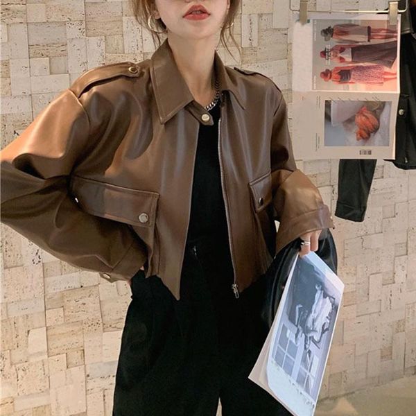 

women's leather & faux jacket women korean high street moto biker zipper female 2021 spring loose streetwear large size women's clo, Black