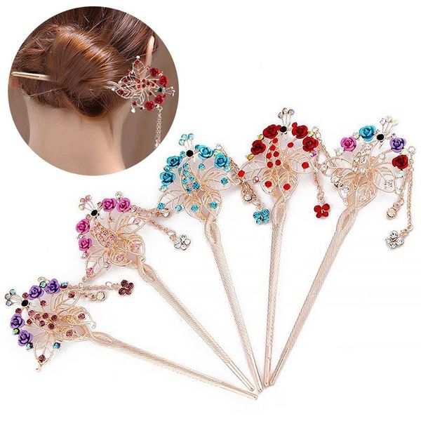 

hair clips & barrettes classic flower metal sticks fringed peacock rhinestone headdress women step-shaking hairpin headwear fashion jewelry, Golden;silver