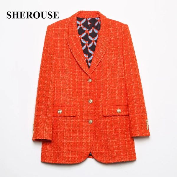 

women's suits & blazers sherouse women fashion with pockets plaid single breasted blazer vintage notched neck long sleeves office lady, White;black