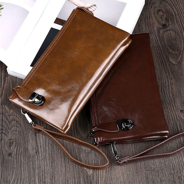 

wallets men's long retro brand oil wax leather large capacity coin purse 2021 business money bag designers luxury underarm, Red;black