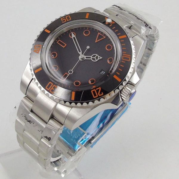 

wristwatches 40mm black dial automatic movement domed glass miyota bracelet strap orange marks date window self winding mens watch, Slivery;brown