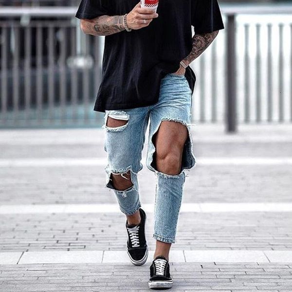 

men's trendy men skinny jeans biker destroyed frayed fit ripped denim pencil pants hip hop streetwear 7.121 9jfj, Blue