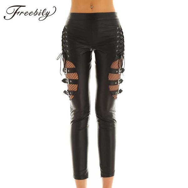 

women's pants & capris punk harajuku faux leather pencil women fishnet splice mid waist ladies trousers elegant skinny womens with buck, Black;white