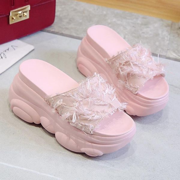 

slippers women chunky platform sandals 2021 summer feather designers pink wedges shoes woman ladies outside casual beach slides, Black
