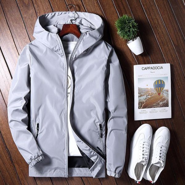 

men's jackets thin hooded jacket slim casual windbreaker coat reflective stripe zipper waterproof solid streetwear bomber 5xl, Black;brown