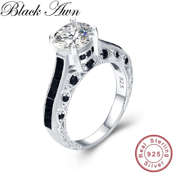 

cluster rings [black awn] real 925 sterling silver ring black spinel round finger elegant for women jewelry gift g015, Golden;silver
