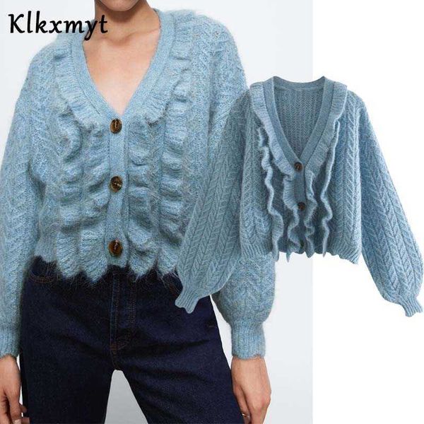 

klkxmyt za women fashion buttons ruffled cropped knitted cardigan sweater vintage long sleeve female outerwear chic 210527, White