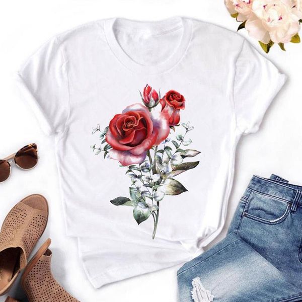 

fashion design romantic rose women t shirt cap sleeve flower short customized famale novelty tee, White