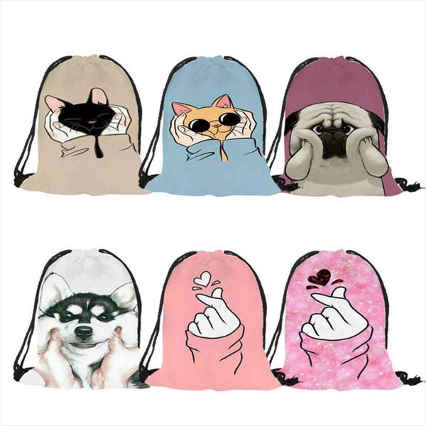 

pink blue animal husky pug design string backpack women girls polyester drawstring bags travel shoes dust storage shoulder bag