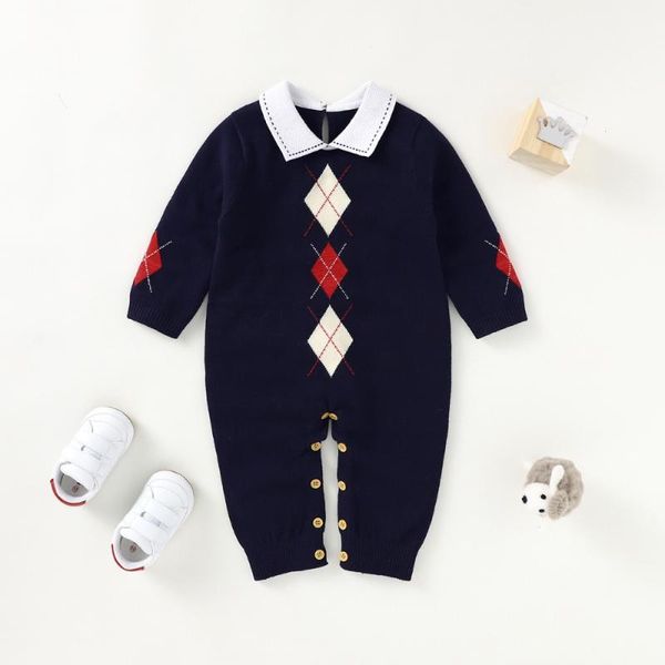 

jumpsuits born baby girl boy rompers turn-down collar solid knitted clothes for kids, Blue