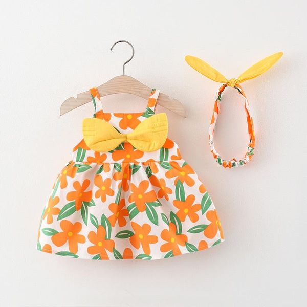 

girl's dresses summer baby girls beach princess dress fashion cute bow flowers born sleeveless cotton toddler dresses+headband clothing, Red;yellow
