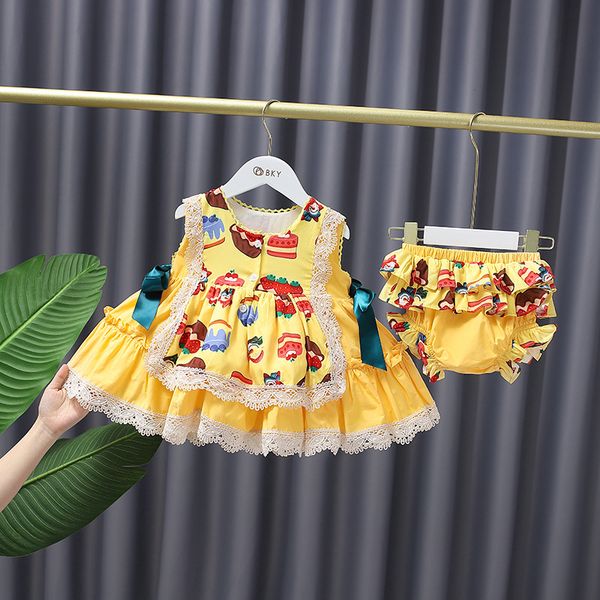 

childrens spanish yellow girls dress summer lace printed princess lolita dress for girl clothing baby toddler infant costume, Red;yellow