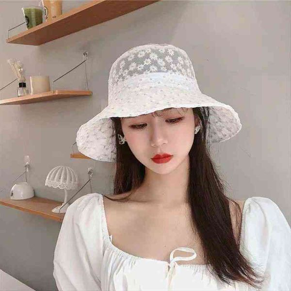 

net red hollow thin lace hat breathable shade bucket hat fashion wild, Blue;gray