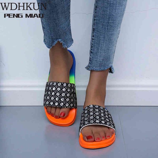 

slippers 2021 summer slides rhinestone flats shoes beach sandals flip flops fashion chausson women hbzx, Black