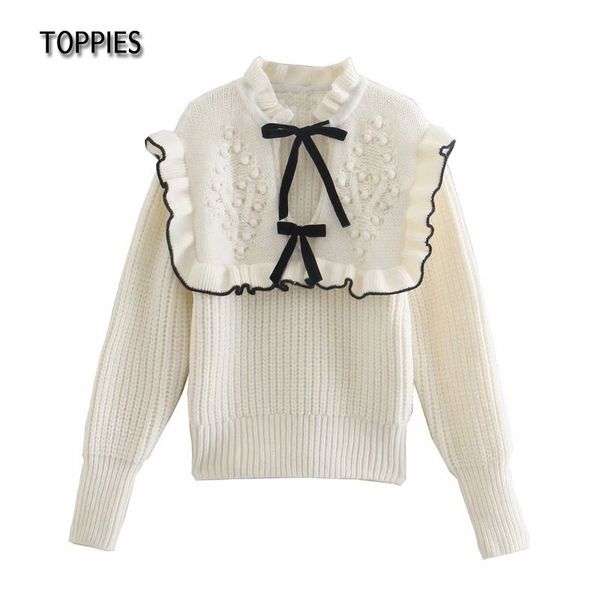 

ies beige sweater women knitted bow ruffles female jumpers japan sweet jersey 210412, White;black