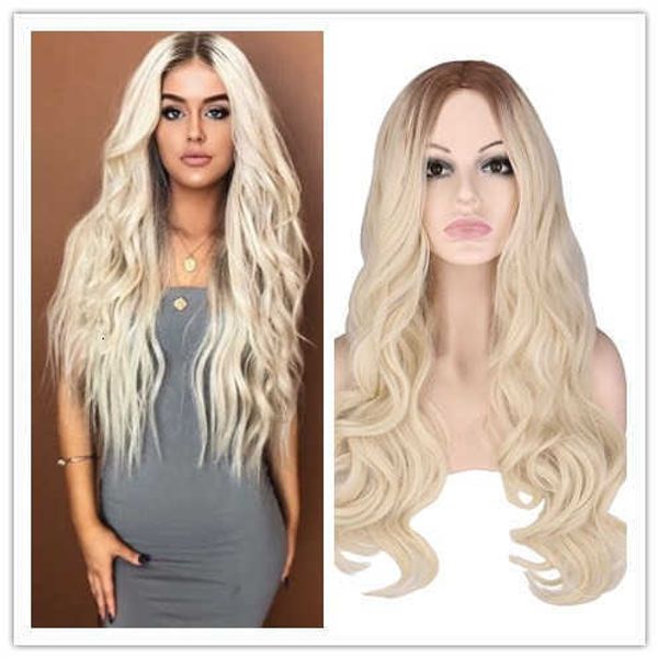 

wig female blonde long curly wig women's brown gradient medium differentiated hair, Black