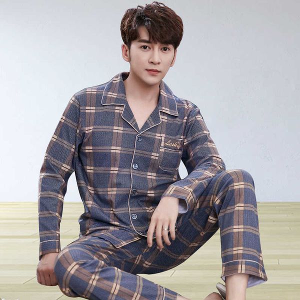

2piece/set plus size pure cotton men's pajamas elegant male casual homewear autumn winter plaid comfortable loose sleepwear suit 210922, Black;brown