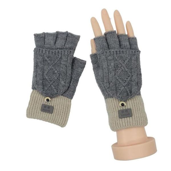 

five fingers gloves winter wool knit jacquard half finger flip touch screen driving women fingerless elastic cycling nonslip warm mittens m8, Blue;gray