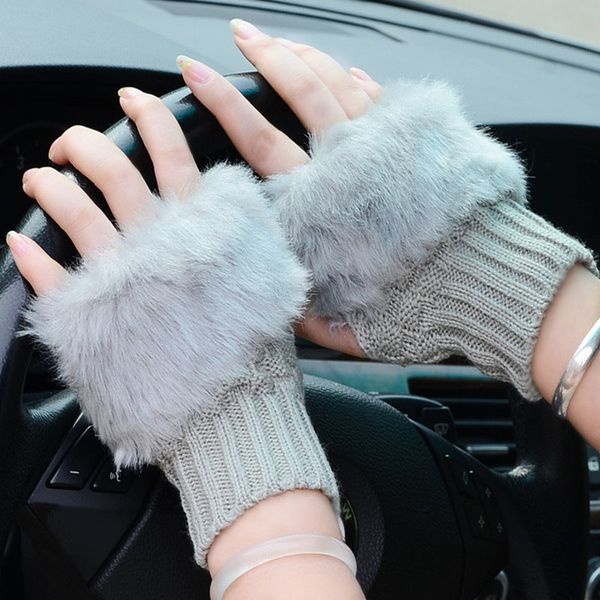 

winter women gloves plush faux fur knitting wool keep warm fashion short mitten fingerless lady girl half finger glove, Blue;gray