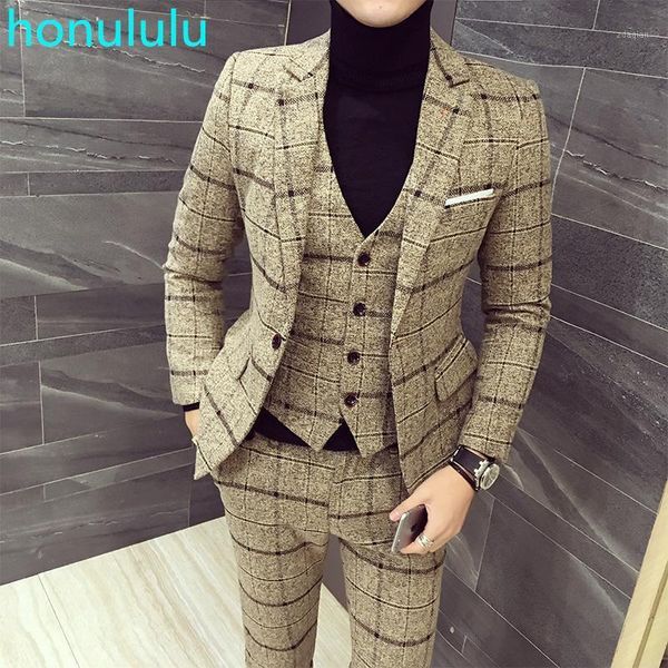 

men's suits & blazers spring and autumn korean slim check british business suit three piece wedding bridegroom man formal dress, White;black