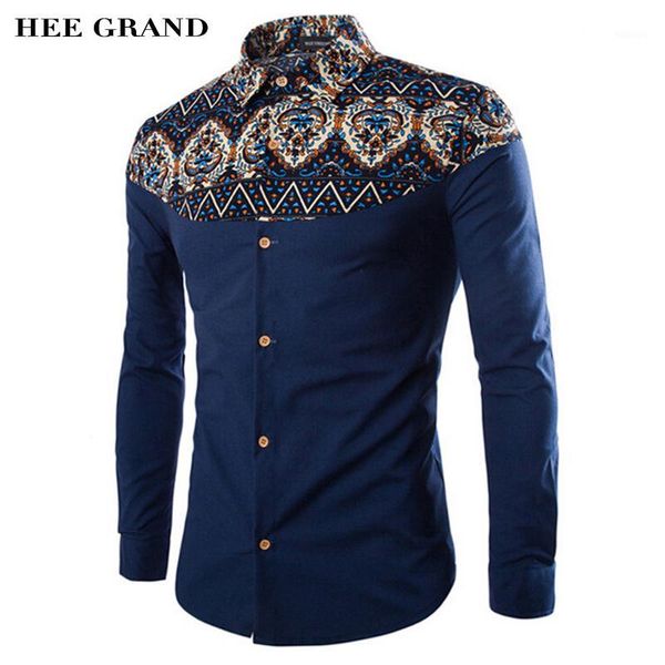 Atacado- Hee Grand Men's Camisas 2021 Venda De Moda Padrão De Padrão Linho Casual Collar Slim Camisa Masculina MCL1094