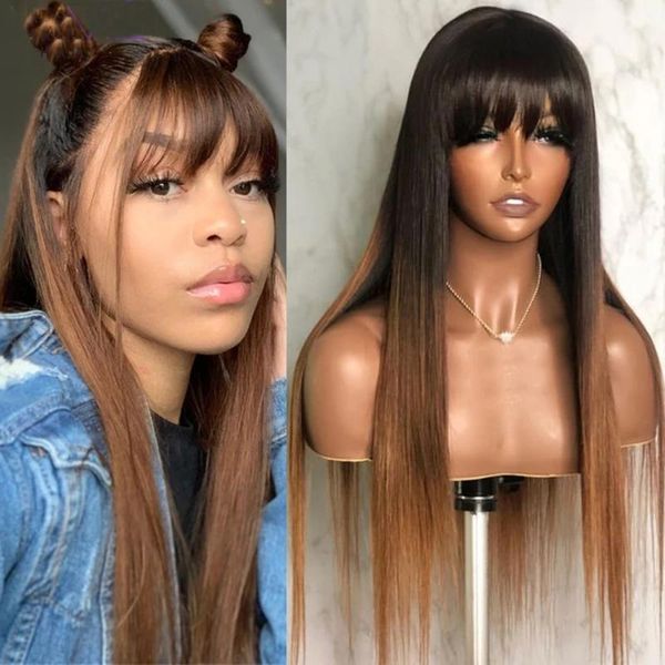 

1b/30 ombre fringe style silky straight human hair wigs for young lady silk full lace, Black;brown